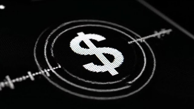 Voice recognition software transitions the input icon from a microphone to a dollar sign, surrounded by digital sound waves, indicating a command about finance or currency.