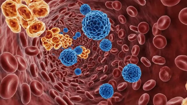 Detailed microscopic view of red blood cells and cancer cells in bloodstream