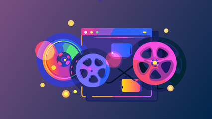 Obraz premium Neon lit abstract vector illustration of colorful film reels and digital media icons on a dark background with purple and blue gradient