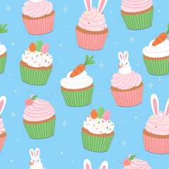 Seamless pattern with Easter-themed cupcakes. Vector graphics.