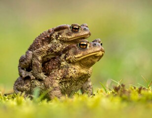 Obraz premium Two brown toads in a stack on grassy ground, eyes glimmering, with a blurred green backdrop, soft lighting