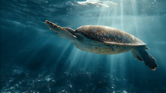 Sea Turtle Swimming Peacefully Underwater with Sunlight Rays