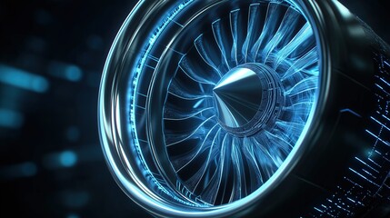 Close-up futuristic airplane engine with blue glow on dark background, a digital technology concept for modern aviation propulsion