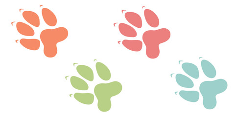 Multicolored animal tracks on a light background. Paw prints of cats, dogs, and wild animals. Hand-drawn paw stickers. © Анастасия Шевченко