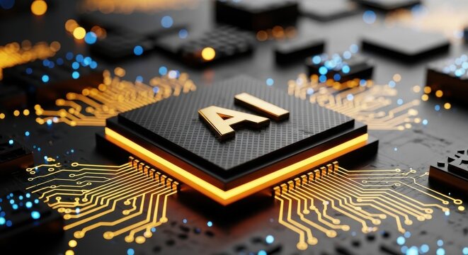 Close-up of AI chip on a circuit board with glowing orange lines and blue bokeh
