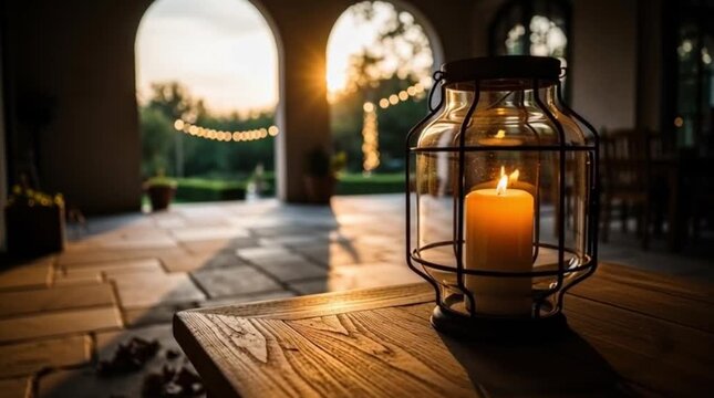 Candlelit ambiance on wooden table with archway and string lights