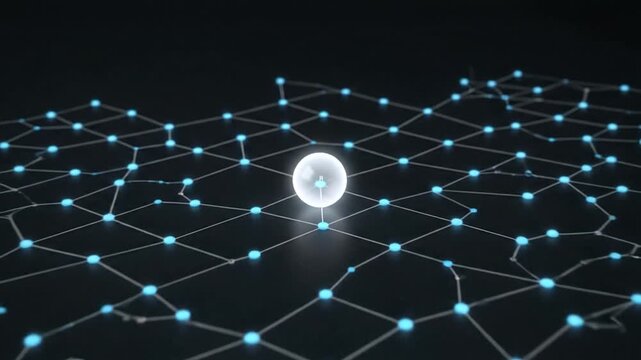 An abstract 3D animation where a large, glowing white sphere shrinks, merging into a complex blue-lit network of interconnected nodes and lines that eventually expands across the dark screen.