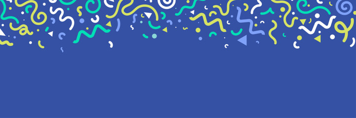 Abstract vector background featuring colorful confetti, curved lines and geometric shapes arranged as a decorative pattern at the top on a blue background. Flat design for decorative layouts.