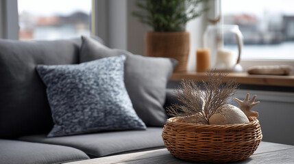 Grey sofa cozy interior, comfortable coastal living room, neutral beach house furniture, seaside home relaxation space, maritime aesthetic styling, defocused background elements, with copy space