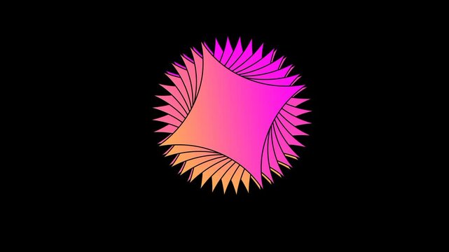 An artistic illustration of a pink feather isolated on a black background as a vibrant color element and circular design symbol for a spring pattern.