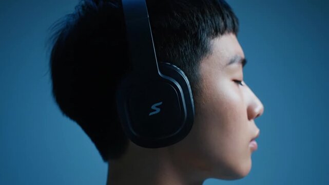 An 8-second clip shows a young person in profile, eyes shut, wearing black over-ear headphones against a deep blue backdrop. They remain motionless, completely focused on the sound, highlighting imme