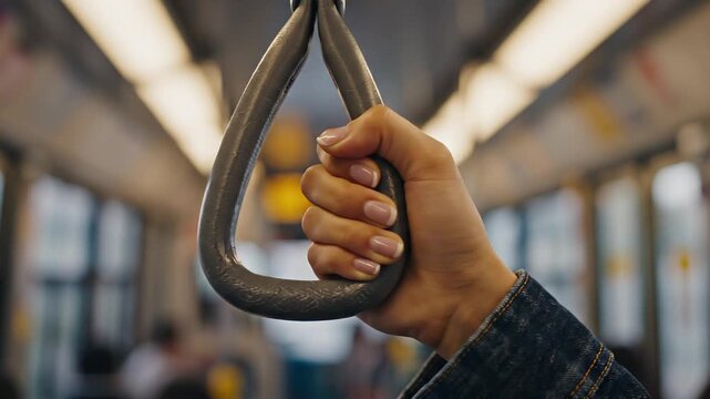 Traveler's Hand Gripping Support Handle While Commuting on Public Urban Transport