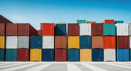 Fototapeta premium Stack of colorful shipping containers on a sunny day under a clear blue sky