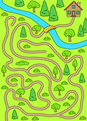 Forest house maze graphic color vertical sketch illustration vector 