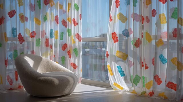 Modern sunlit living room interior featuring white sheer curtains with colorful gummy bear candy print pattern on a large window, creative home decor and playful nursery design concept.