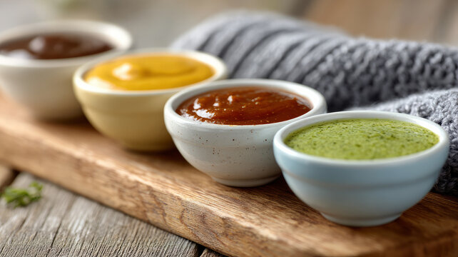 Assorted gourmet sauces in ceramic bowls on rustic wooden board