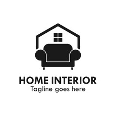 Elegant home decor logo featuring a comfortable red armchair framed within a house outline and a window, perfect for interior design and furniture brands.