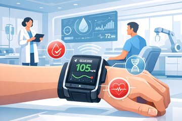 Bloodless Glucose Monitoring with Wrist Device in Futuristic Clinic minimal vector 