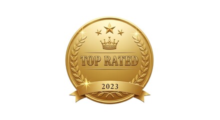 Icono de mejor vendedor.
 Insignia dorada al premio m&aacute;s vendido 2025 con corona de laurel, corona y estrellas.
 PNG transparente e ilustraci&oacute;n vectorial.