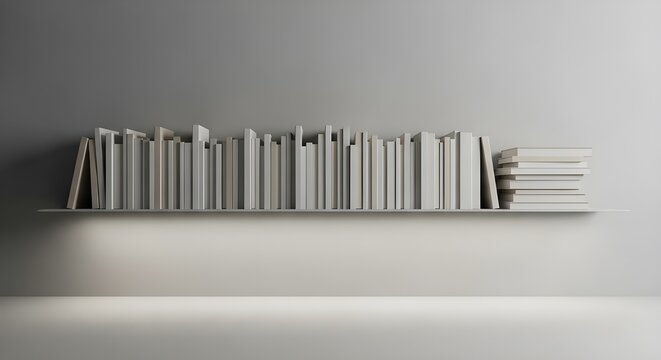 Maqueta de bestseller con soporte de cubierta en un estante de una biblioteca o tienda. Vol&uacute;menes de libros realistas con lomos vac&iacute;os se alinean en un estante colgado en la pared.