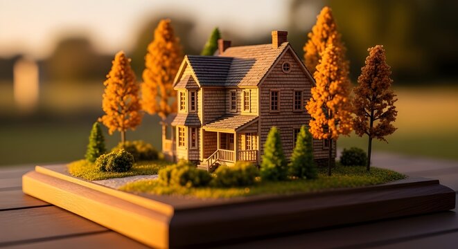 Casa de madera en miniatura con un mazo encima.
 El mazo est&aacute; colocado sobre un soporte de madera, dando la impresi&oacute;n de una sala de audiencias en miniatura.
 La casa est&aacute; rodeada de c&eacute;sped y &aacute;rboles