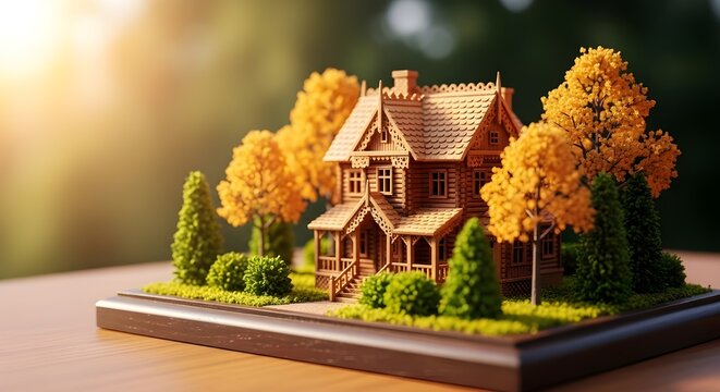 Casa de madera en miniatura con un mazo encima.
 El mazo est&aacute; colocado sobre un soporte de madera, dando la impresi&oacute;n de una sala de audiencias en miniatura.
 La casa est&aacute; rodeada de c&eacute;sped y &aacute;rboles