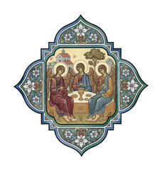 Fototapeta premium Ancient religious icon painting depicting three angels gathered around a table with food offerings and a chalice