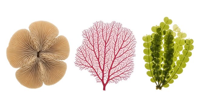Minimalist composition featuring circular sea fan coral and green bubble algae on plain backdrop