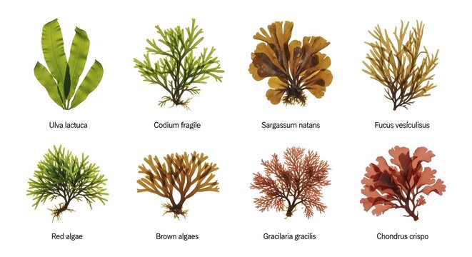 Different types of green brown and red algae and seaweed with names on white background