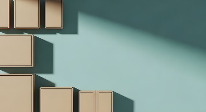 Cajas de cart&oacute;n sobre fondo azul desde un &aacute;ngulo superior, con espacio en la esquina derecha para texto.
