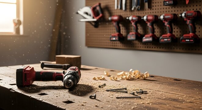 Tienda de venta de herramientas el&eacute;ctricas.
 Taladros, destornilladores, sierras el&eacute;ctricas, amoladoras.
 Imagen desenfocada y borrosa.
 
En primer plano est&aacute; la parte superior de una mesa de madera,