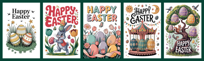 Fototapeta premium Happy Easter Collection with Eggs, Bunny, and Spring Designs