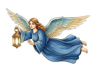 Fototapeta premium Serene Angel Woman with Wings Flying and Gently Holding a Lantern in a Flowing Blue Gown