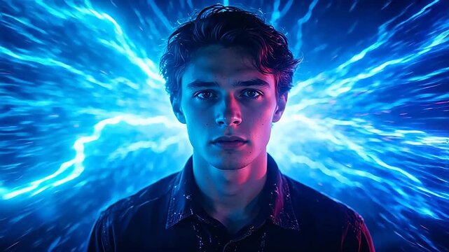 Character surrounded by red and blue lightning bolts in darkness