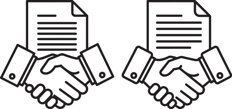 Handshake with contract agreement, business deal and partnership concept, vector icons.