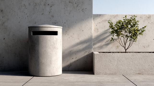 Minimalist urban concrete trash can with modern planter