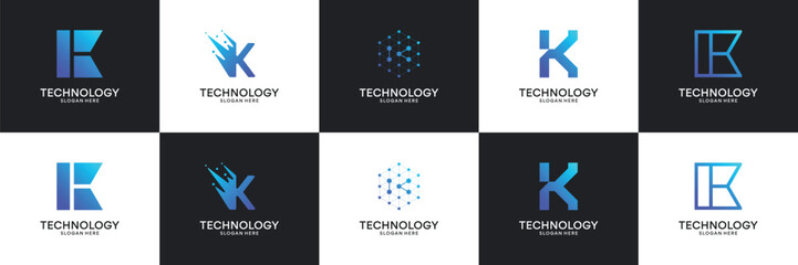 Set of modern initial letter K tech logo. Abstract  icon for technology, internet, digital.