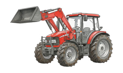 Obraz premium Modern Red Tractor with Front Loader and Raised Bucket Detailed Illustration on Black Background