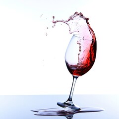 Naklejka premium Red wine splashing from clear glass onto reflective surface, creating dynamic droplet and sense of motion. Concept for wine tasting. Elegant studio photo on white background.