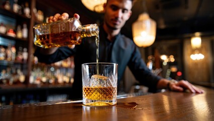 Professional bartender pouring golden amber whiskey from bottle into glass with ice cube on rustic wooden bar counter. Creating classic alcoholic drink in elegant night club.