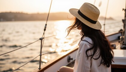 Young woman with long brown hair wearing straw hat and white shirt sitting on yacht enjoying golden sunset sailing the sea during summer vacation. Concept of freedom and getaway.