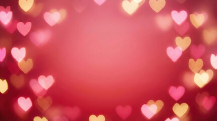 Vibrant pink and gold heart bokeh on red background for Valentine's Day