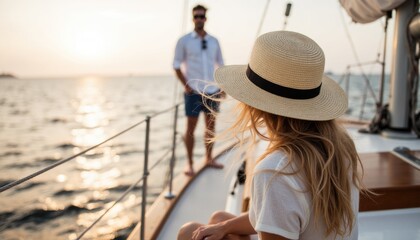 Young woman wearing straw hat relaxing on sailboat with boyfriend in golden hour sunset over calm ocean water. Couple enjoying summer vacation on yacht. Concept of freedom, getaway, togetherness.