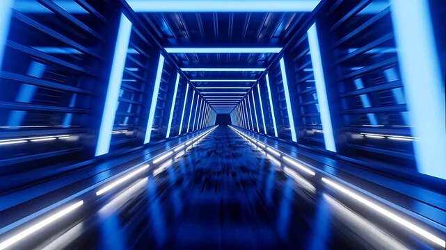 Sci-fi metal tunnel with blue light and reflective floor