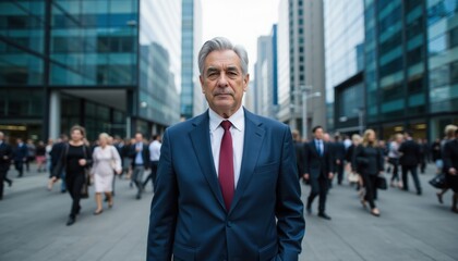 Portrait of successful senior businessman with gray hair standing still in middle of busy street in financial district with blurred people walking by. Leadership, skill and trust in business.