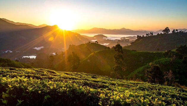 Verdant hillside bathed in warm sunlight, mist veiling distant peaks at dawn; atmospheric landscape