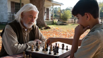 Elderly man with long white beard and hair with a young boy. Grandfather and grandson concentrating on game of chess outdoors in autumn garden of old country house. Quality time together.