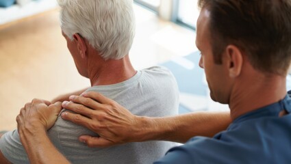 Professional male physiotherapist providing therapeutic shoulder massage and physical rehabilitation to older adult man, focusing on pain relief and restoring mobility.