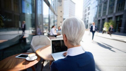 Senior businesswoman using laptop and tablet at outdoor cafe in modern urban area, focusing on remote work and digital connectivity in professional city environment.