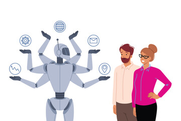 Multi-Tasking AI Assistant with Professional Humans &ndash; Professional Automation and Productivity Vector Illustration